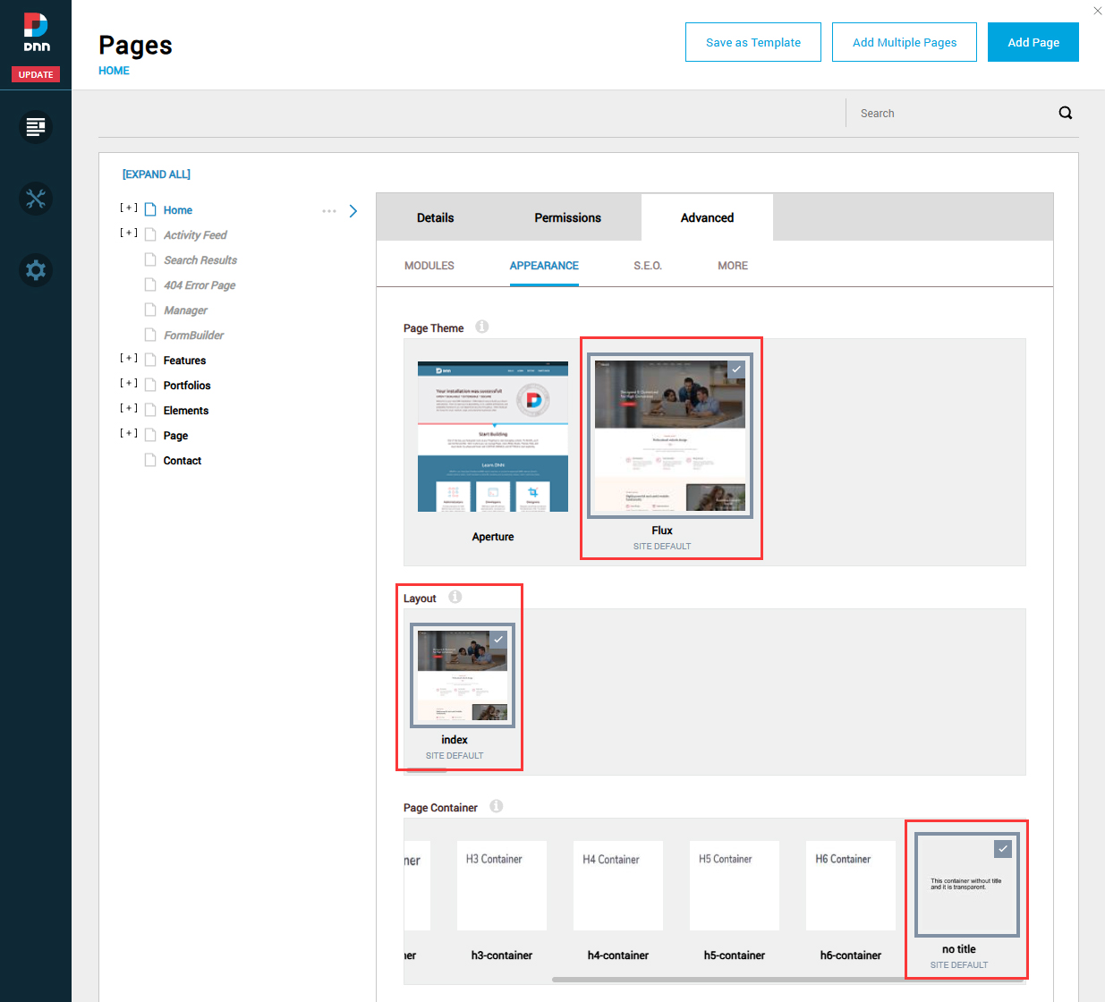 Set the page Theme/Layout/Container